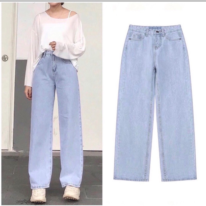Quần Jean Nữ Ống Rộng Cạp Lưng Cao Màu Xanh Dáng Ống Xuông Chất Bò Dầy Dặn | BigBuy360 - bigbuy360.vn