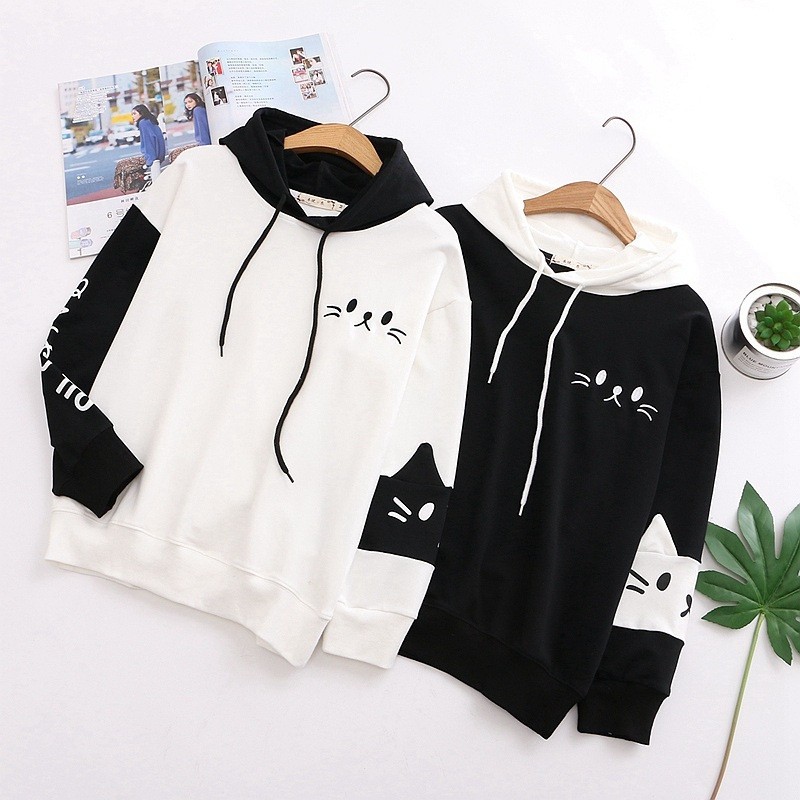 ÁO KHOÁC HOODIE NỈ BÔNG NỮ IN MÈO CHỮ NHẬT CÁNH TAY SIÊU DỄ THƯƠNG-NL04 | BigBuy360 - bigbuy360.vn