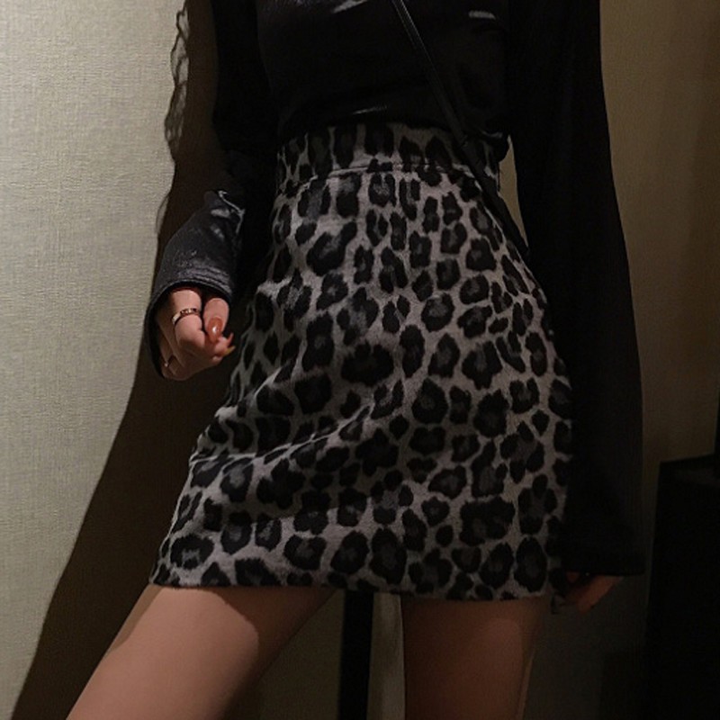 QADCOL Chân Váy Len Họa Tiết Da Báo Quyến Rũ Cho Nữ