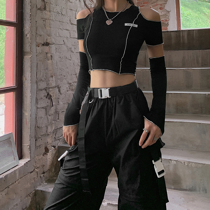 MODOU Women Hip Hop Dance Style Cold Shoulder Slim Short Tshirt with Glove