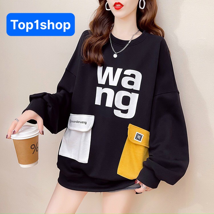 Áo Sweater nữ WANG tay dài form rộng thiết kế hai túi trước phối màu phong cách Hàn Quốc,chất liệu nỉ bông cao cấp 2022 | BigBuy360 - bigbuy360.vn