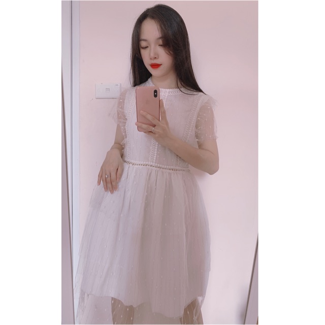 ĐẦM REN HẠT TUYẾT PHỐI LƯỚI XOÈ