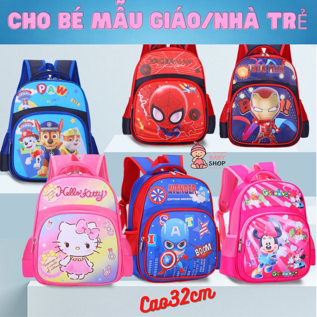 Balo cho bé ,Ba lô Mẫu Giáo Nhà Trẻ bé trai bé gái từ 2 đến 5 tuổi, họa tiết siêu Anh hùng ,Công chúa