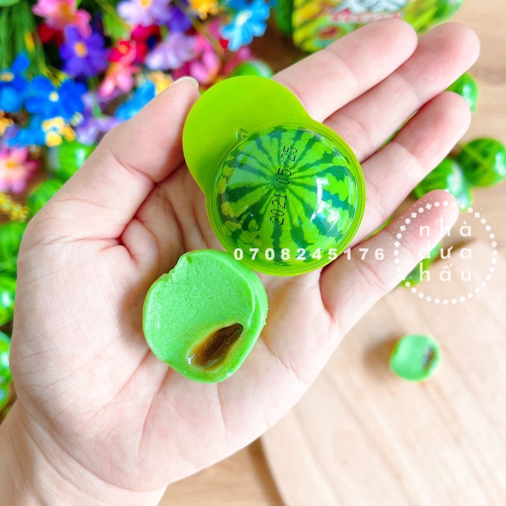 Một hủ kẹo dẻo CÓ NHÂN hình mắt/trái đất/dưa hấu/vịt vàng/đào hồng hủ 50 viên lớn mỗi viên 18g