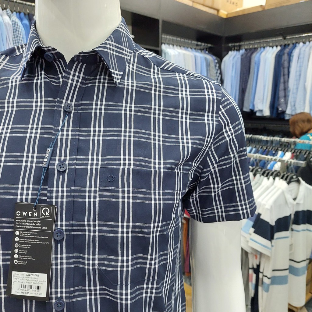 Áo Sơ Mi Nam Ngắn Tay Owen BA22657NT Somi Cộc Tay Công Sở Cao Cấp Kẻ Caro To Xanh Trắng Chất Sợi Tre Body Fit Tà Bằng | BigBuy360 - bigbuy360.vn