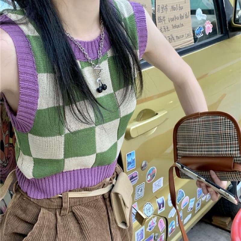 Áo Gile Len Kẻ Caro Phối Viền Hàn Quốc Cộc Tay Dáng Croptop