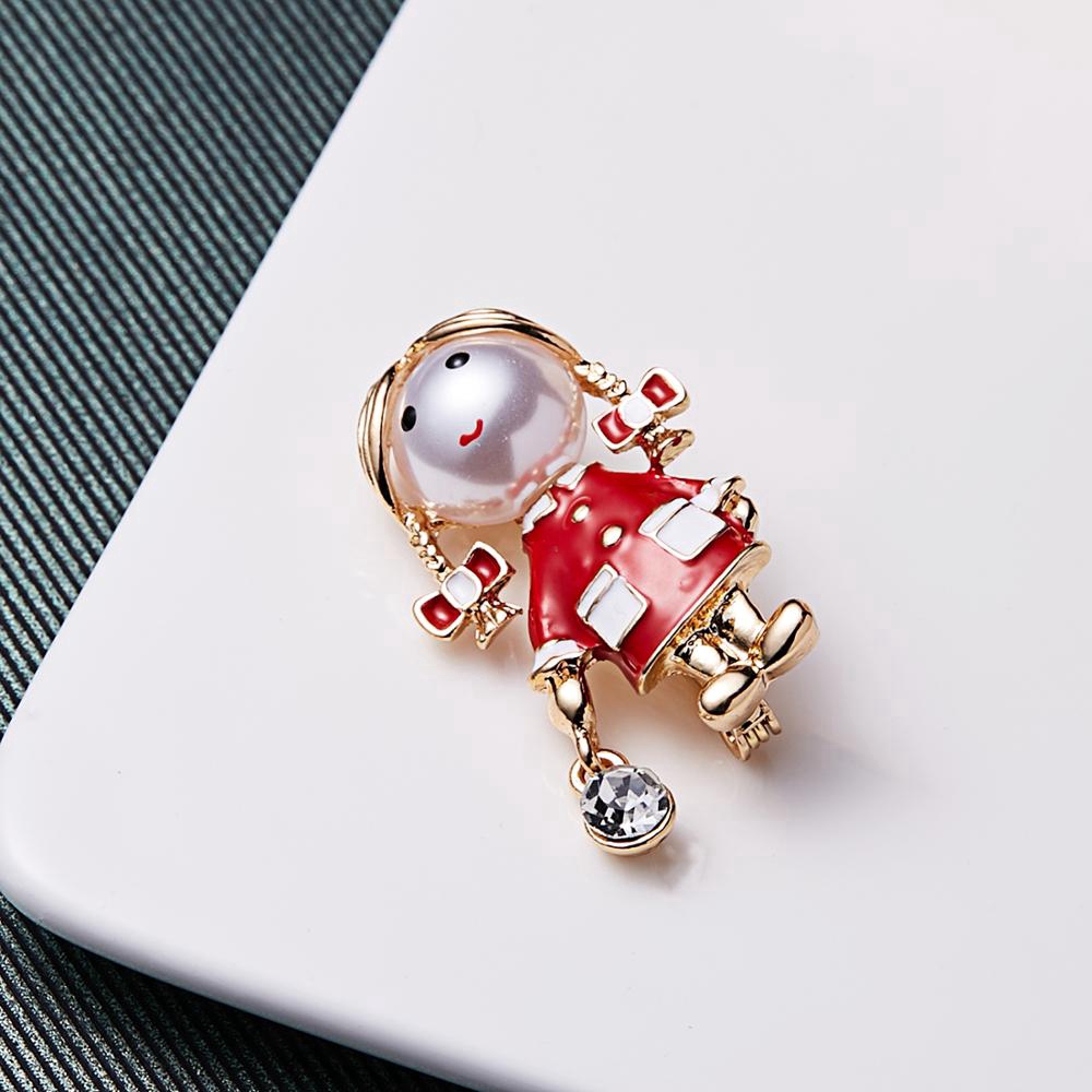 Ghim cài áo BELLA-BEE tráng men kiểu cô gái ngọc trai nhân tạo mặc đầm đỏ dễ thương làm quà tặng sinh nhật tiệc tùng