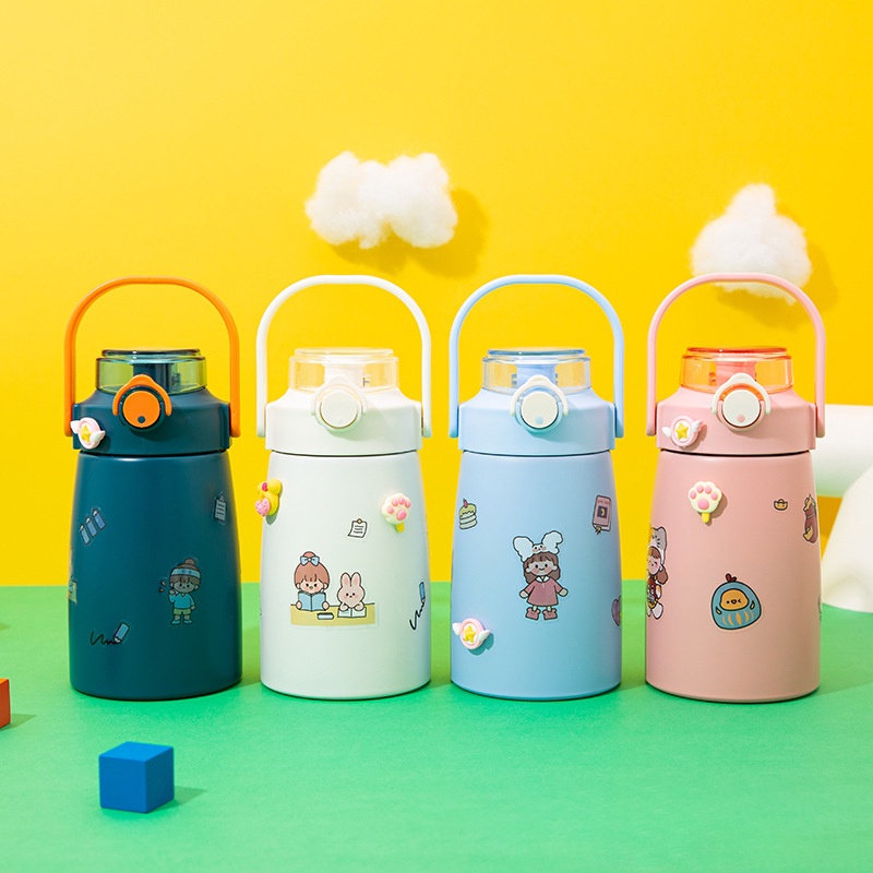 Bình nước giữ nhiệt - Bình giữ nhiệt 800ml nhiều màu dễ thương tặng kèm ống hút và sticker trang trí (BGN800) bibi90