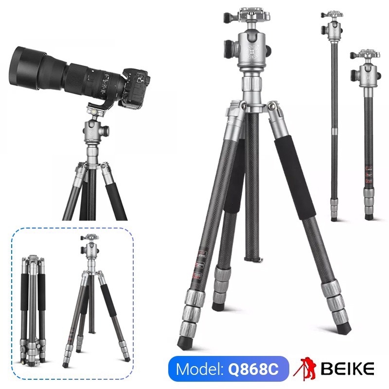 Chân máy ảnh Tripod Beike Q868C Sợi Carbon - Cao tối đa 160CM tải trọng tối đa 15Kg