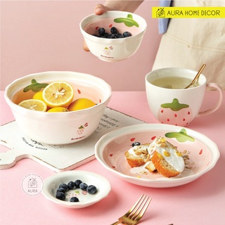 [BST DÂU MỚI] Bát, đĩa, tô, cốc, đĩa chấm hình trái dâu màu hồng pastel cực dễ thương cho bé