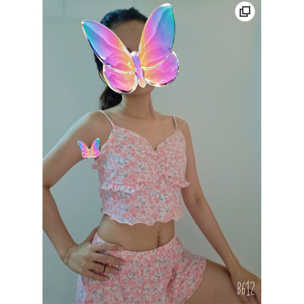 Ariel set - Đồ mặc nhà nữ, hai dây hoa thun cotton 2 chiều RCB01