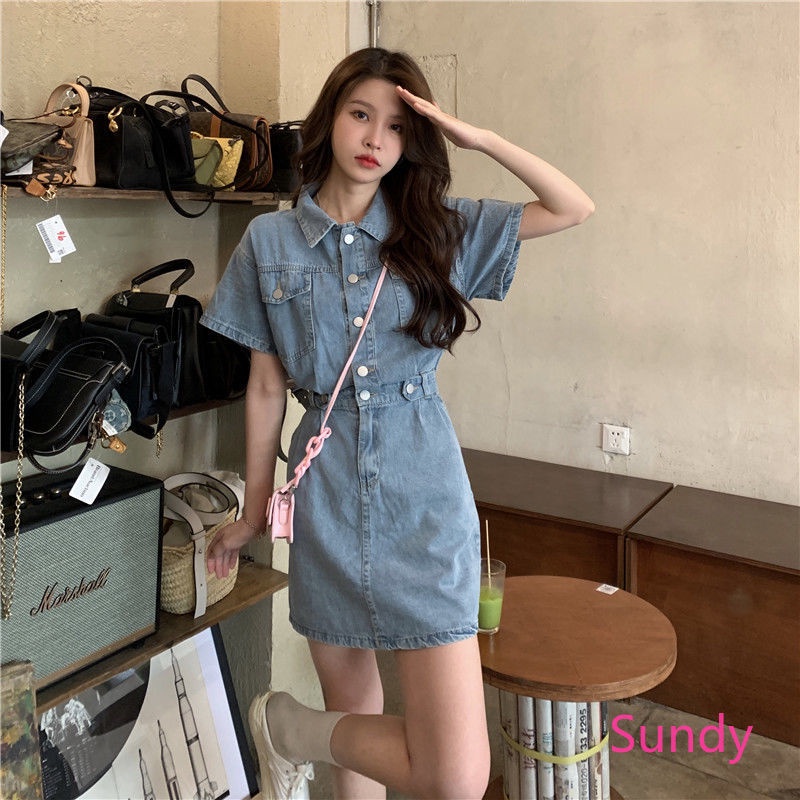 Đầm Denim Cổ Polo Plus Size Thời Trang Mùa Hè Cho Nữ