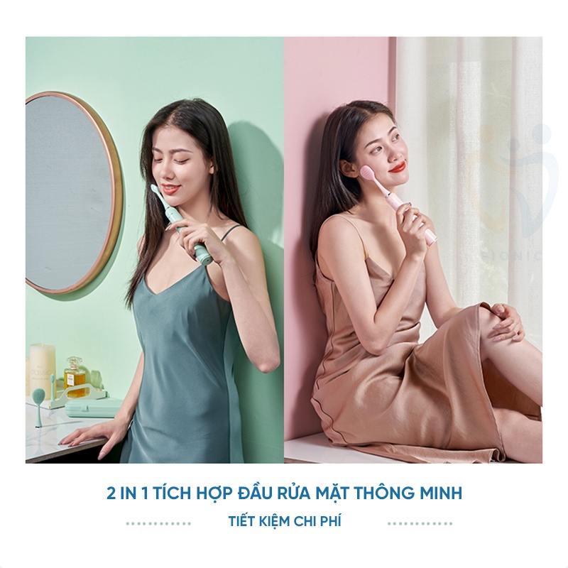 Bàn Chải Điện Kèm Máy Rửa Mặt Sonic Đánh Răng Tự Động Lông Mềm FIONIC ET04