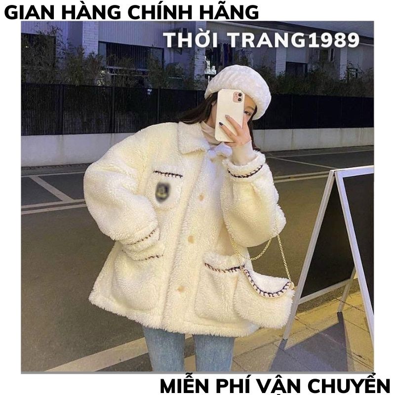 áo khoác lông kèm túi in logo ,áo khoác lông nữ ,form rộng phong cách ulzzang vintaghe hàn quốc ,XƯỞNG MAY TC2