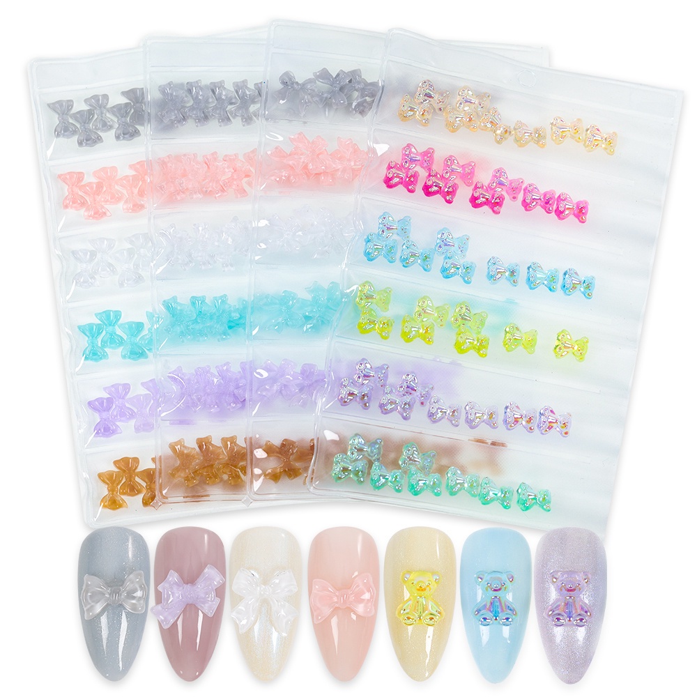 [Hàng mới về] Bộ 6 hàng 30 / 48 chiếc phụ kiện trang trí móng nghệ thuật hình gấu trong suốt/ nơ 3D cho nữ