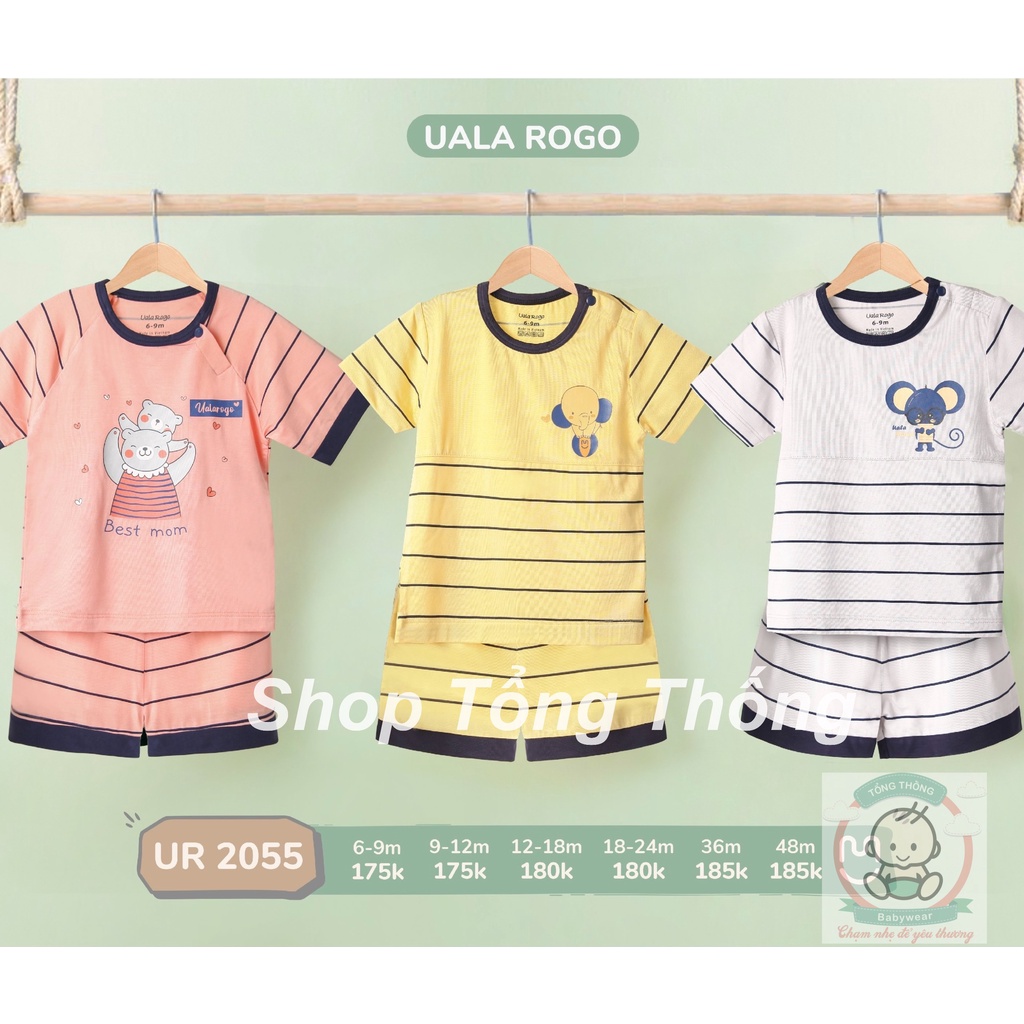 Bộ Uala Rogo chất vải Bamboo hàng cao cấp mềm mịn vải đẹp thấm hút tốt in thú phối kẻ sọc cho bé trai bé gái 2055