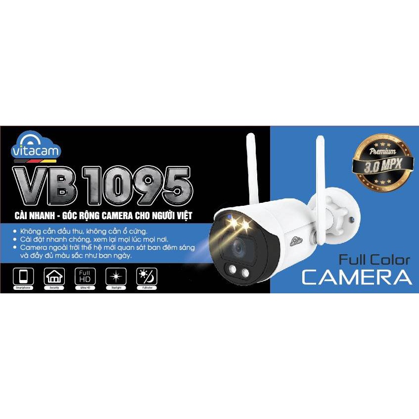 Camera IP wifi ngoài trời Vitacam VB1095 siêu nét 3.0 MPX ULTRA HD 2K độ phân giải 2304 x 1296 - có màu ban đêm