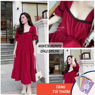 Váy Bầu Cổ Vuông Màu Đỏ Ngắn Tay Đầm Bầu Đẹp Mùa Hè Đi Tiệc Đi Chơi HD2628 Honey Mommy