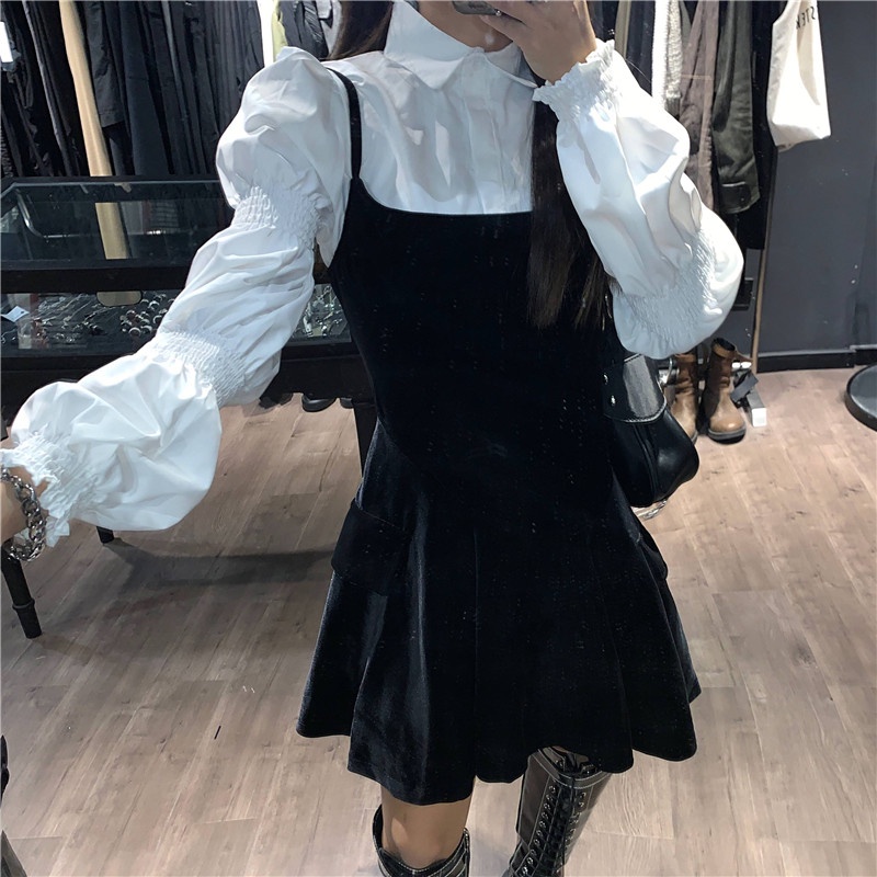 Set váy nhung đen tay phồng cá tính thời trang Becky