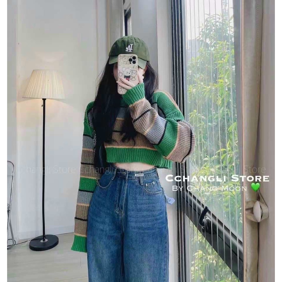 [SẴN HÀNG QC] Áo len kẻ xanh dài tay croptop