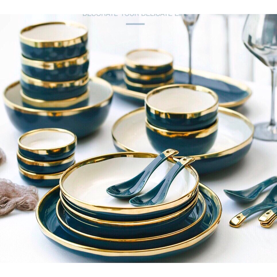 set bát 26 món cao cấp bán lẻ. bát con, thìa sứ xanh cổ vịt cao cấp bán lẻ. bát đĩa cao cấp. bán xanh viền vàng.