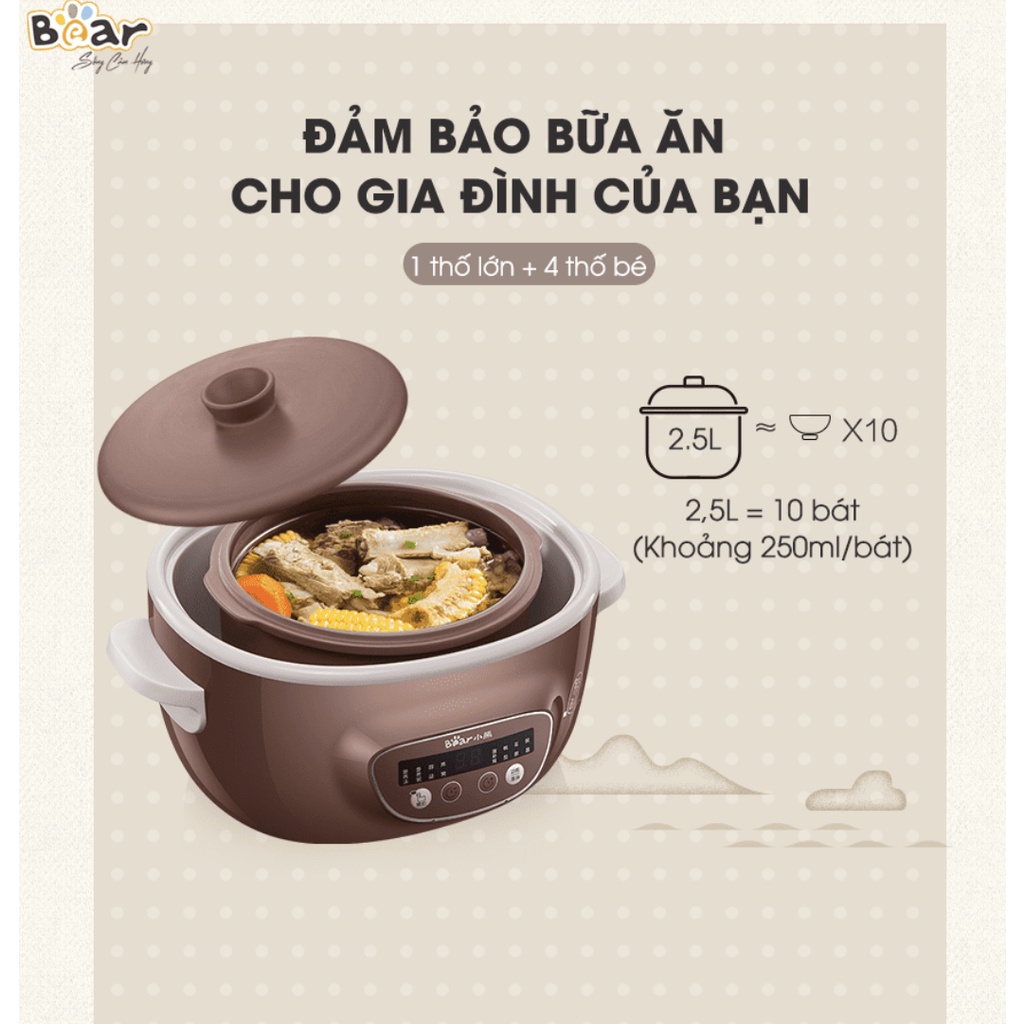 Nồi Nấu Chậm Thố Đất Tử Sa Bear 2,5L Đa Năng Nấu Cháo, Chưng Yến DDZ-C25R6 - Hàng chính hãng, bảo hành 18 tháng