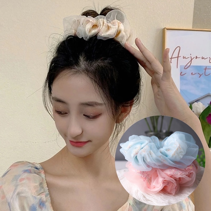Dây Buộc Tóc Hai Lớp Bằng Vải Organza Lụa / Dây Buộc Tóc In Hoa Bản Lớn / Sợi Lưới Co Giãn