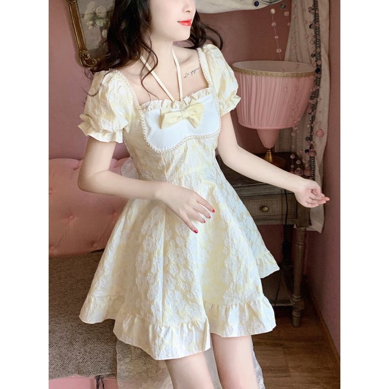 Váy babydoll tay phông Đầm Ngắn Ôm Eo Đính Nơ Dập Nổi Họa Tiết Ngọc Trai Phong Cách Nhật Bản Thời Trang Xuân Hè 2022 Mới