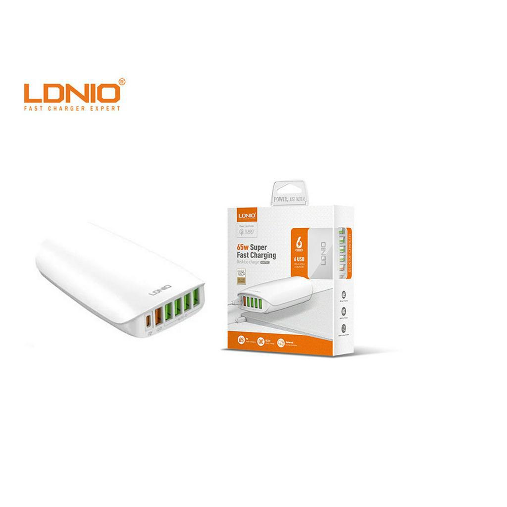 CỤC SẠC 6 CỔNG 5 CỔNG USB VÀ 1 CỔNG TYPE--C 65W A6573C TRẮNG LDNIO