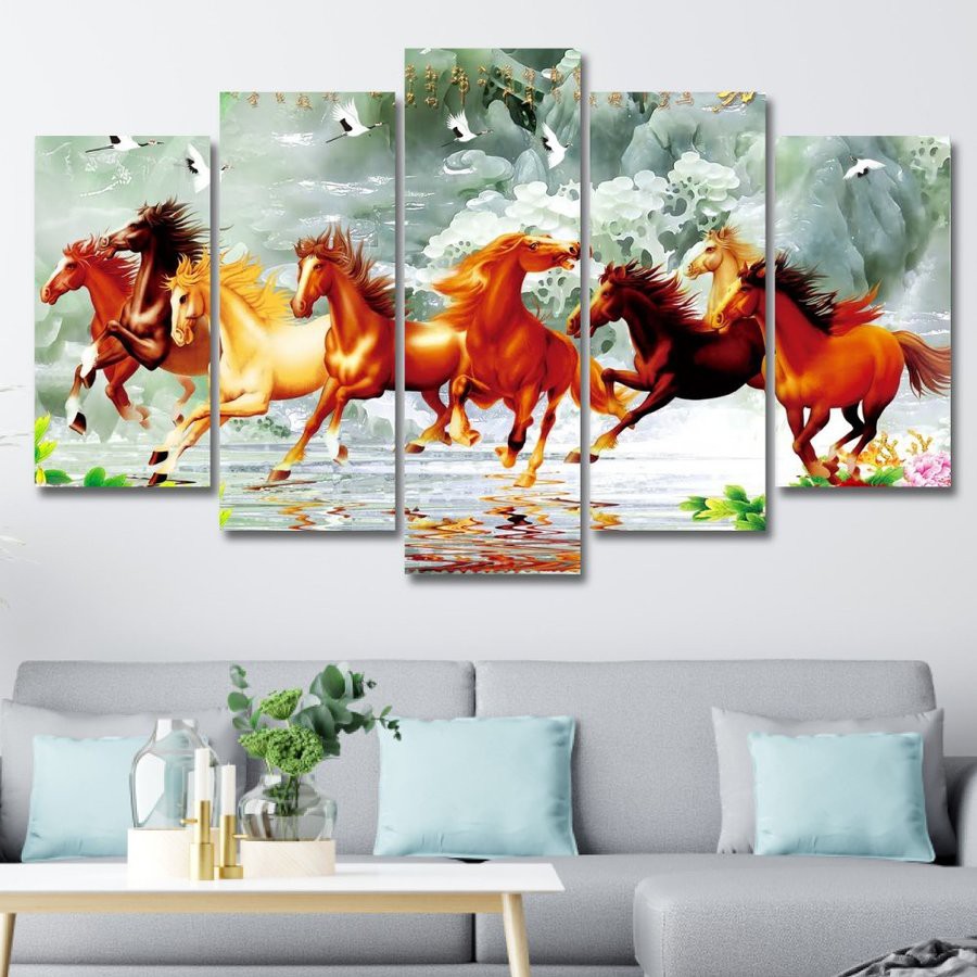 Bộ 5 tấm tranh treo tường gỗ MDF Lala Mã Đáo Thành Công trang trí phòng khách kèm đinh 3 chân không cần khoan tường