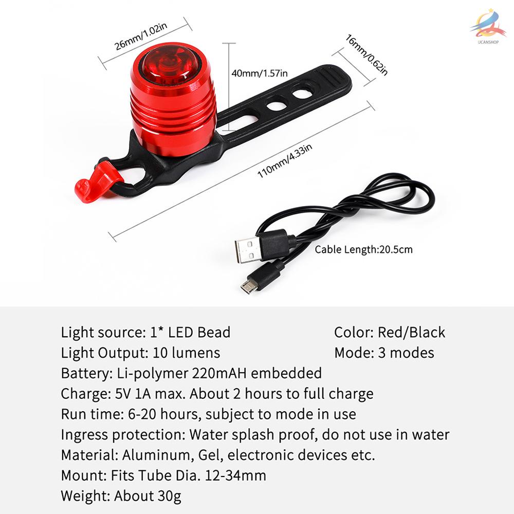 UCAN WEST BIKING Waterproof LED Bicycle Rear Light USB Rechargeable 3-Mode Safety Warning Lightweight Cycling Bike Lamp Red Taillight