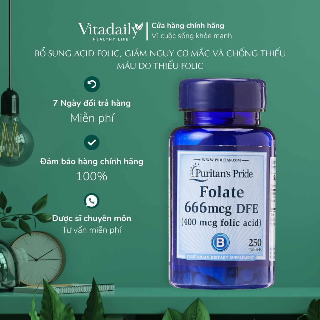 Viên Ngăn Ngừa Thiếu Máu Bổ Sung Folic Acid 400 mcg Puritan’s Pride Folate 666 250Viên