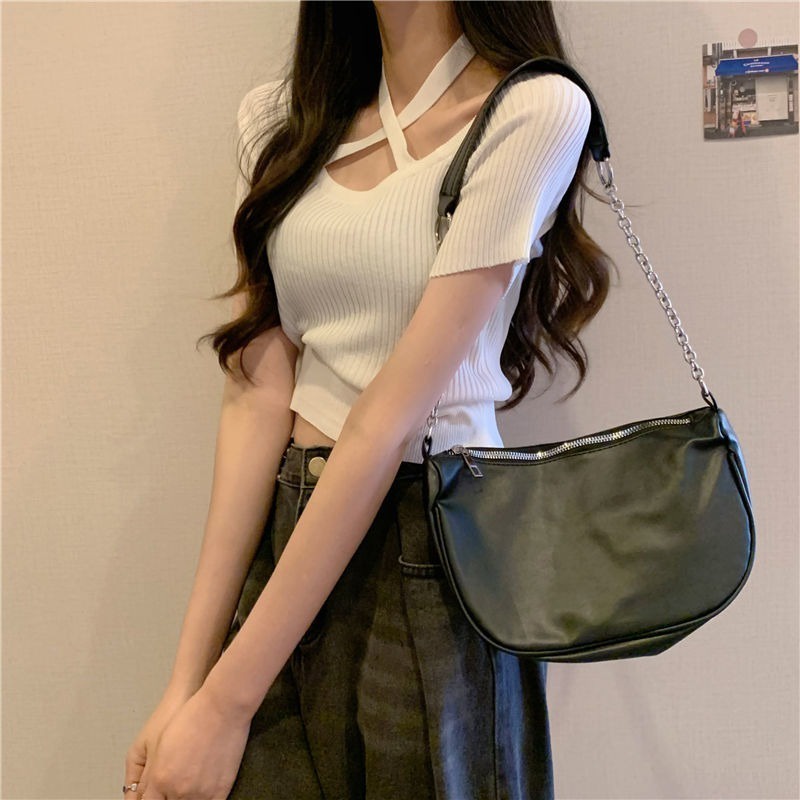 Áo Thun Dệt Kim Ngắn Tay Dây Đan Chéo Lưng Thời Trang