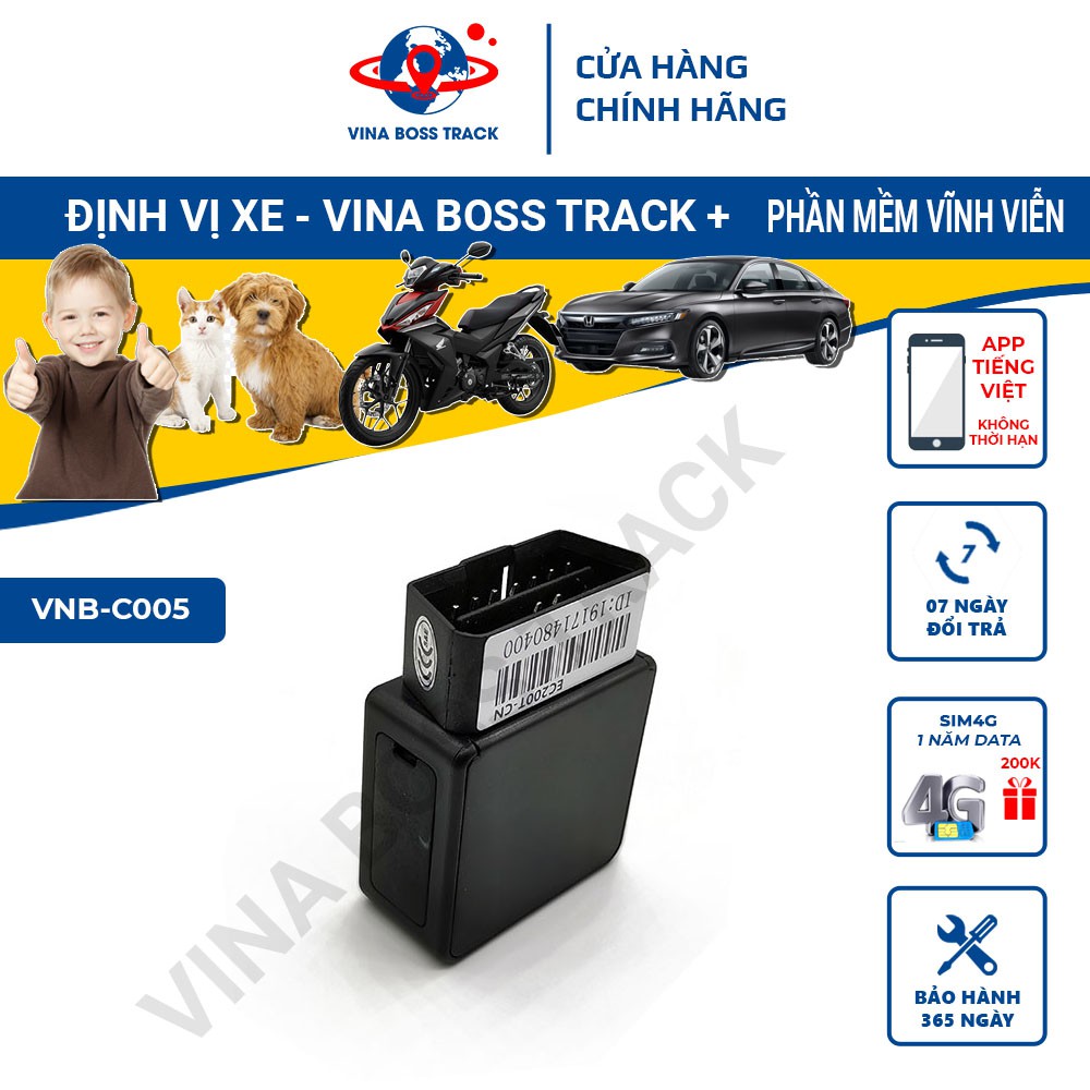 Thiết bị định vị ô tô xe máy Vina Boss Track-C005, phần mềm miễn phí, bảo hành 12 tháng, ưu đãi mua sim 4G data 1 năm