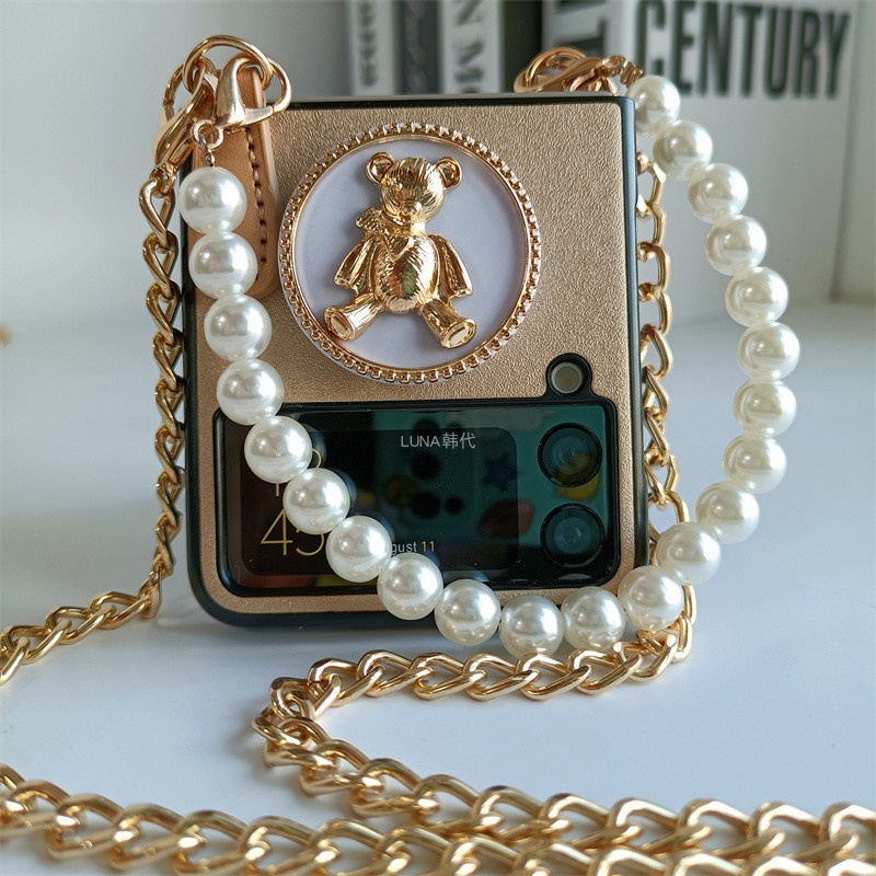 Bao Da Điện Thoại pu Dạng Ví Nắp Lật Đính Ngọc Trai Có Dây Đeo Chéo Vai Hình Gấu Cho samsung galaxy z flip 4g 4 3 flip4 flip3 5g Ốp