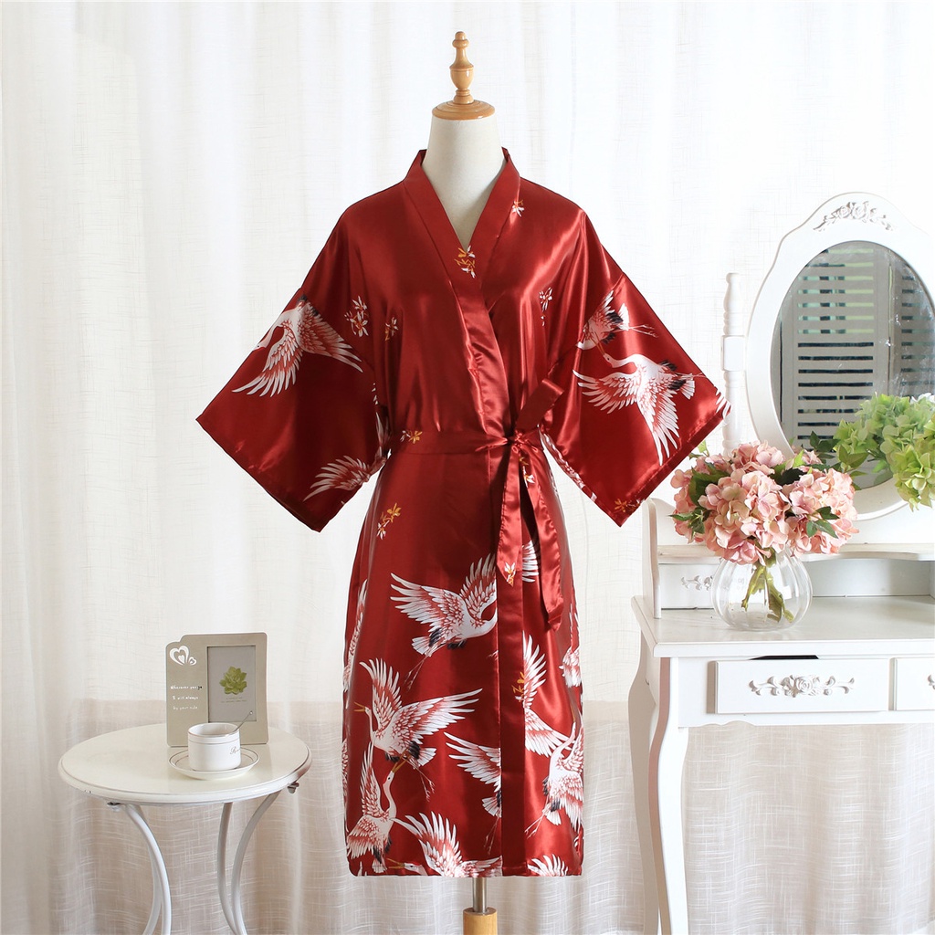 Áo choàng ngủ phi bóng kimono cô dâu in hình chim hạc flamingo sang trọng phong cách Nhậ