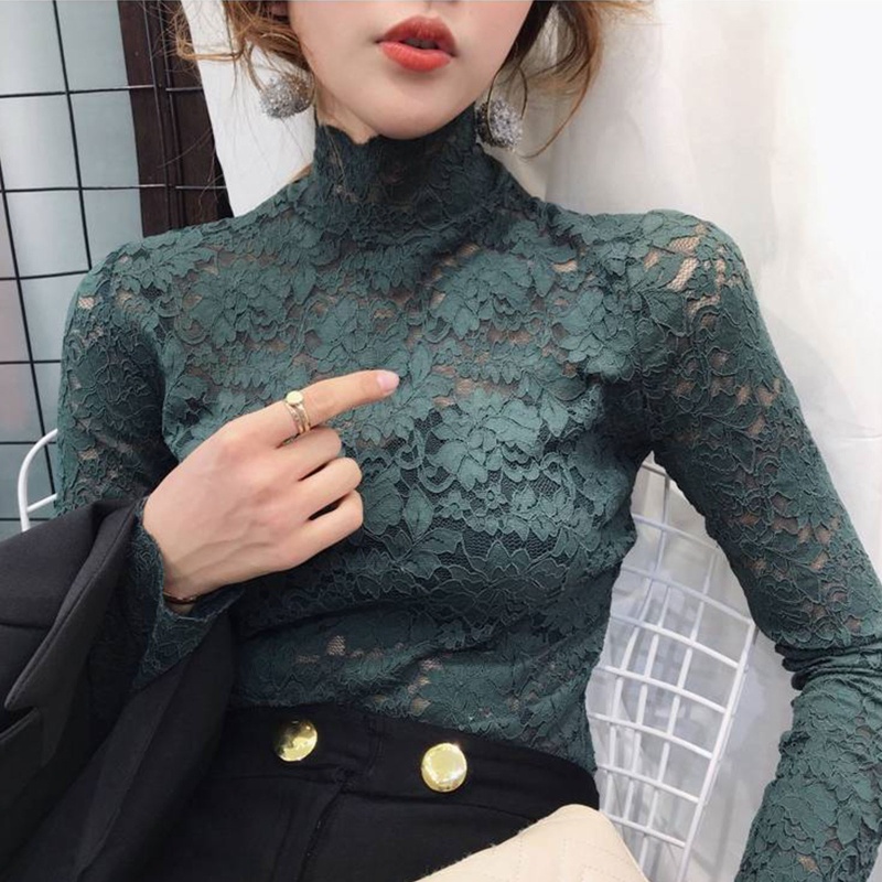 Áo Ren Hoa Xuyên Thấu Dài Tay Cổ Rùa Thời Trang Nữ