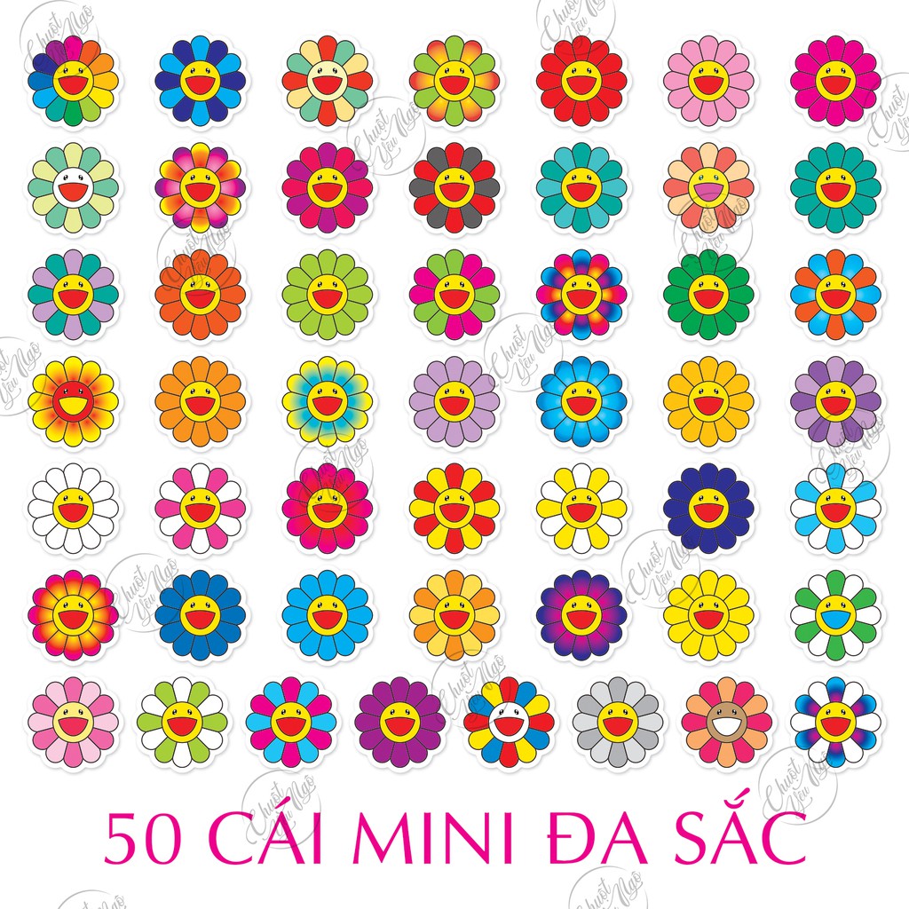 Bộ 50 sticker mini hình dán chủ đề hoa mặt trời hoa cầu vòng Kaikai kiki vui nhộn chống nước dán điện thoại,...