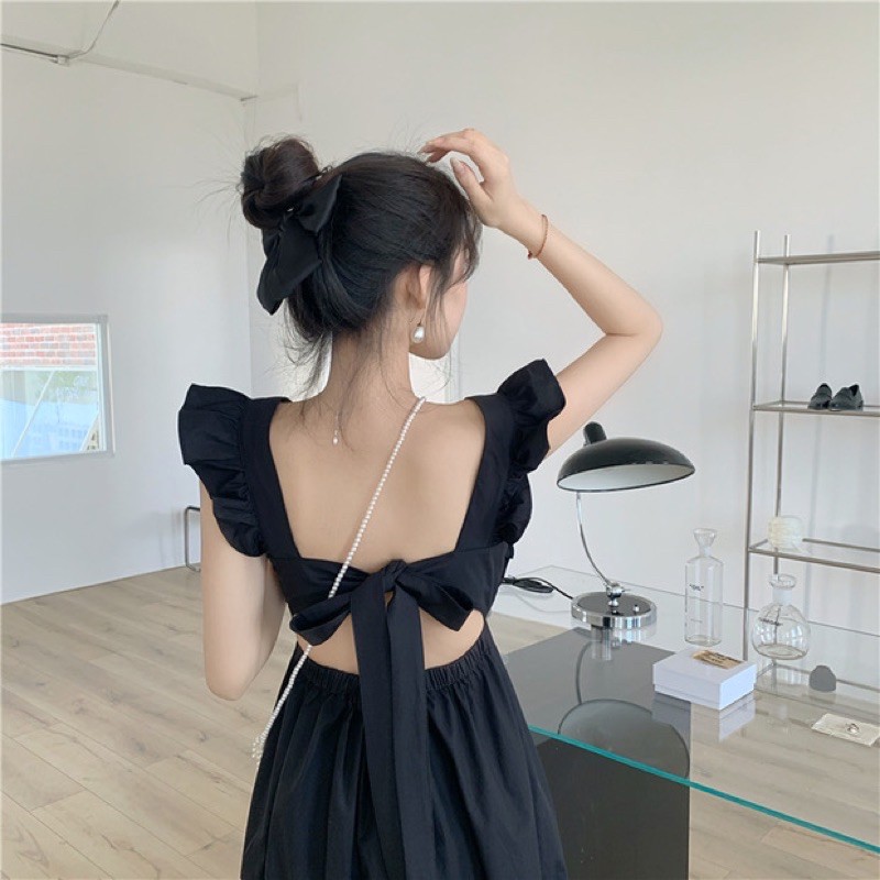 Đầm babydoll đen dáng dài thắt nơ sau lưng xinh xắn phong cách ulzzang