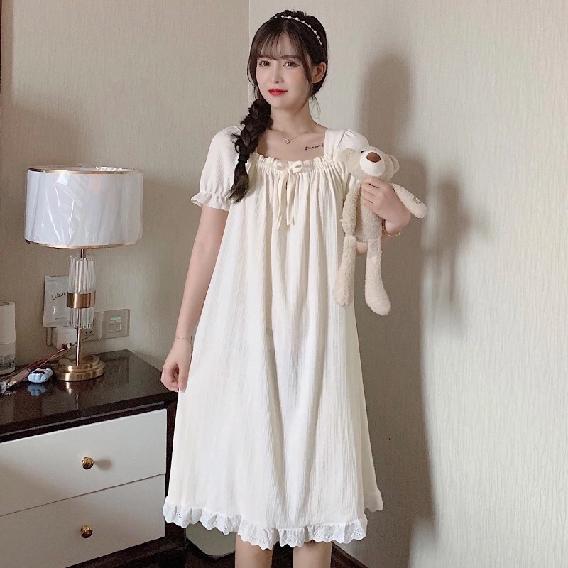 Váy ngủ tiểu thư cổ vuông phối ren đáng yêu, Váy ngủ dáng xuông bánh bèo | BigBuy360 - bigbuy360.vn