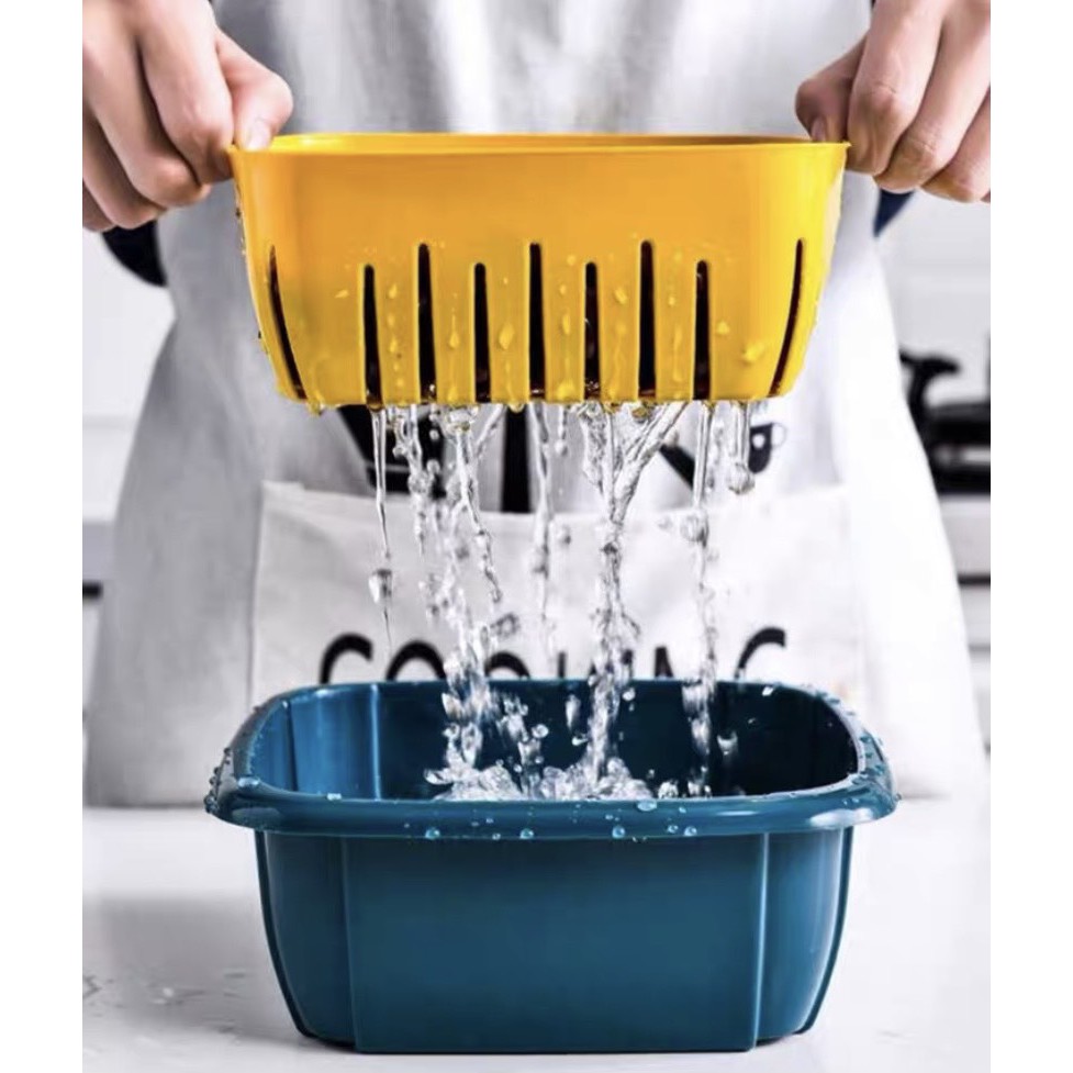Set rổ nhựa 3 chi tiết có rổ, chậu và nắp đậy. Bảo quản thực phẩm, hoa quả mà không lo mất nước