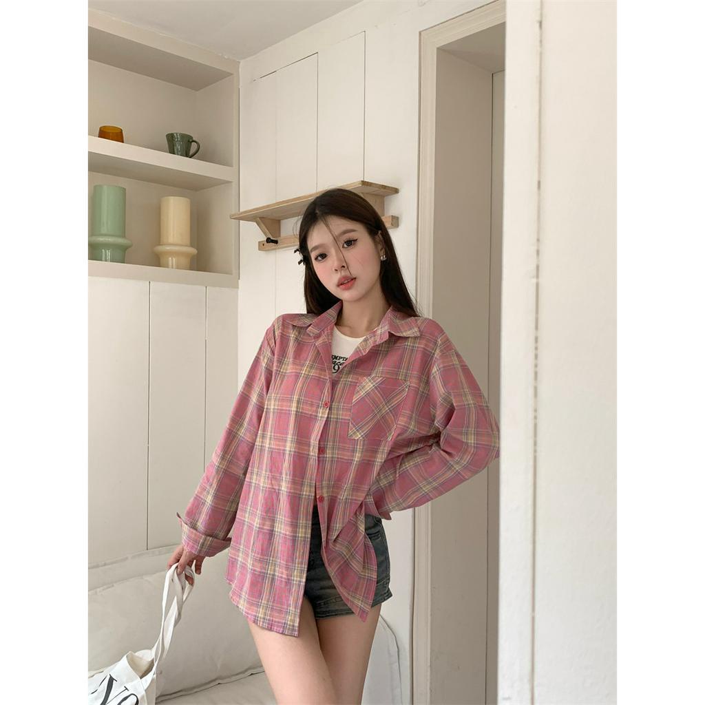 Áo Sơ Mi Nữ Tay Dài Dáng Rộng Họa Tiết Caro Màu Hồng Phong Cách Hàn Quốc Thời Trang Mùa Hè Mới
