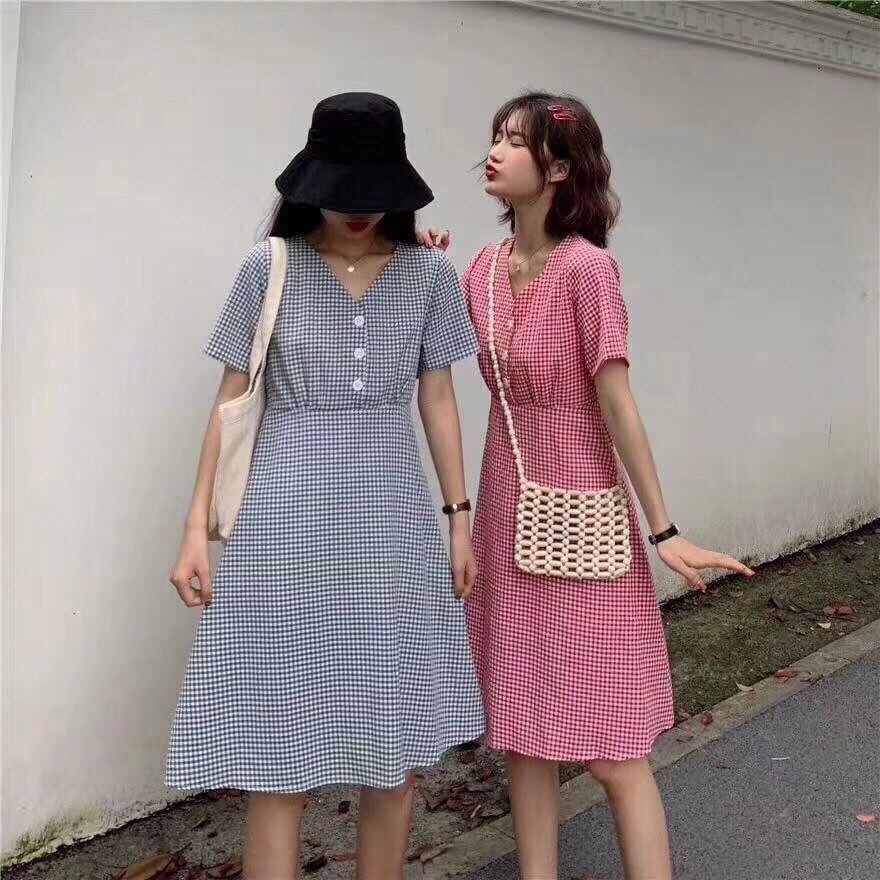 Váy kẻ cổ V 5 màu