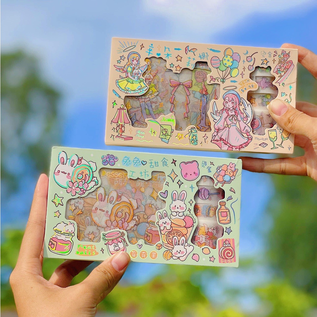 Hộp 10 washi tape + 10 sticker hình dán dễ thương