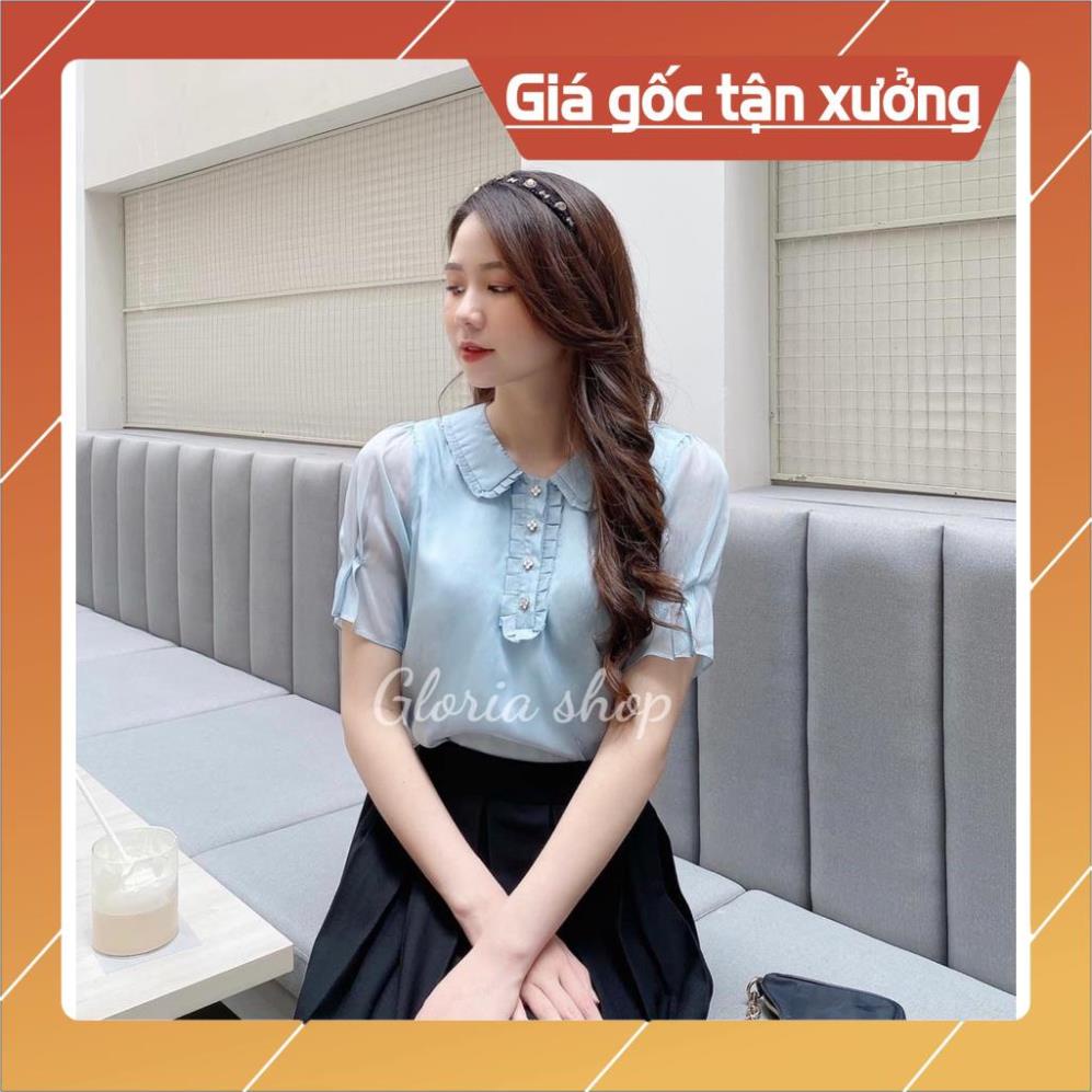 [Chất lượng số 1] Gloria Shop Áo sơ mi nữ tiểu thư cổ cánh sen tay sếp ly Thời trang màu xanh SMKX01