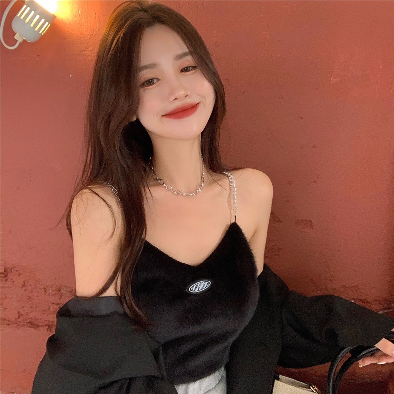 Cocory vn Áo croptop không tay dáng ôm phối lông phong cách quyến rũ cho nữ