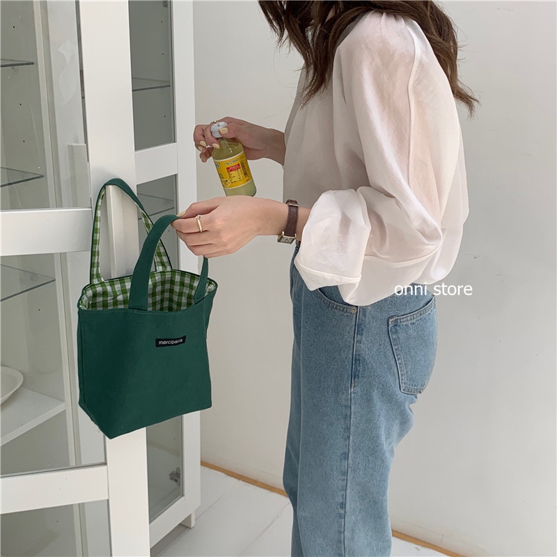 Túi xách vải canvas hai mặt họa tiết sọc caro