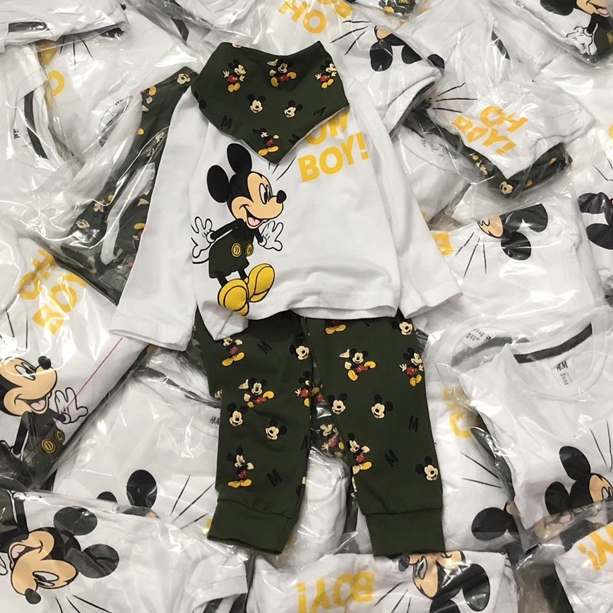 Bộ dài tay thu đông bé trai - Set bộ Mickey kèm yếm cho bé trai siêu đẹp size 1-6t