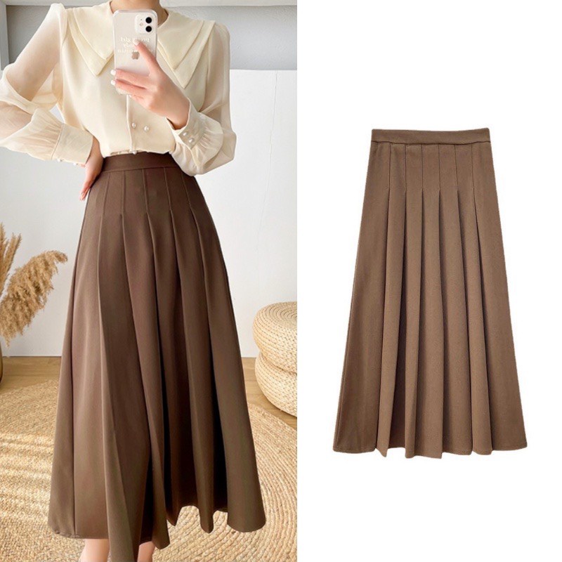 Chân váy tennis xếp ly dáng dài lưng cao, chân váy nữ màu nâu phong cách Ulzzang Okélla (Có ảnh thật Shop chụp)