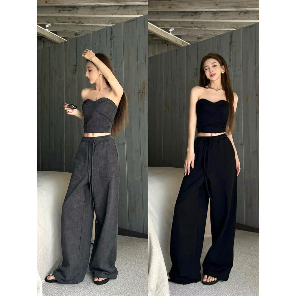 Set Áo Bra Không Tay + Quần Dài Lưng Cao Ống Rộng Phong Cách Retro